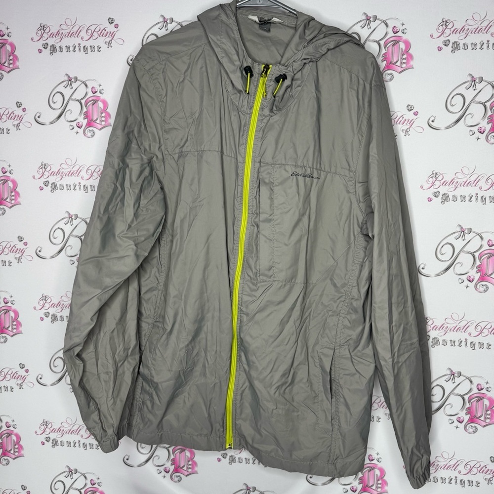 Eddie Bauer jacket coat rain ☔️ Gray Windbreaker with Neon green accents zip up
